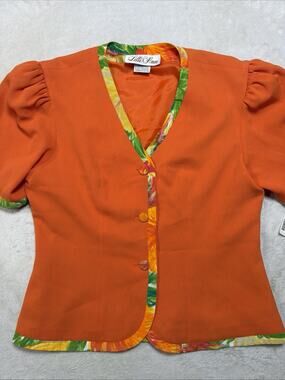 Vtg Lilli Ann Jacket Blouse NWT Tangerine Orange Tropical Satin Trim Puff Sz 12
